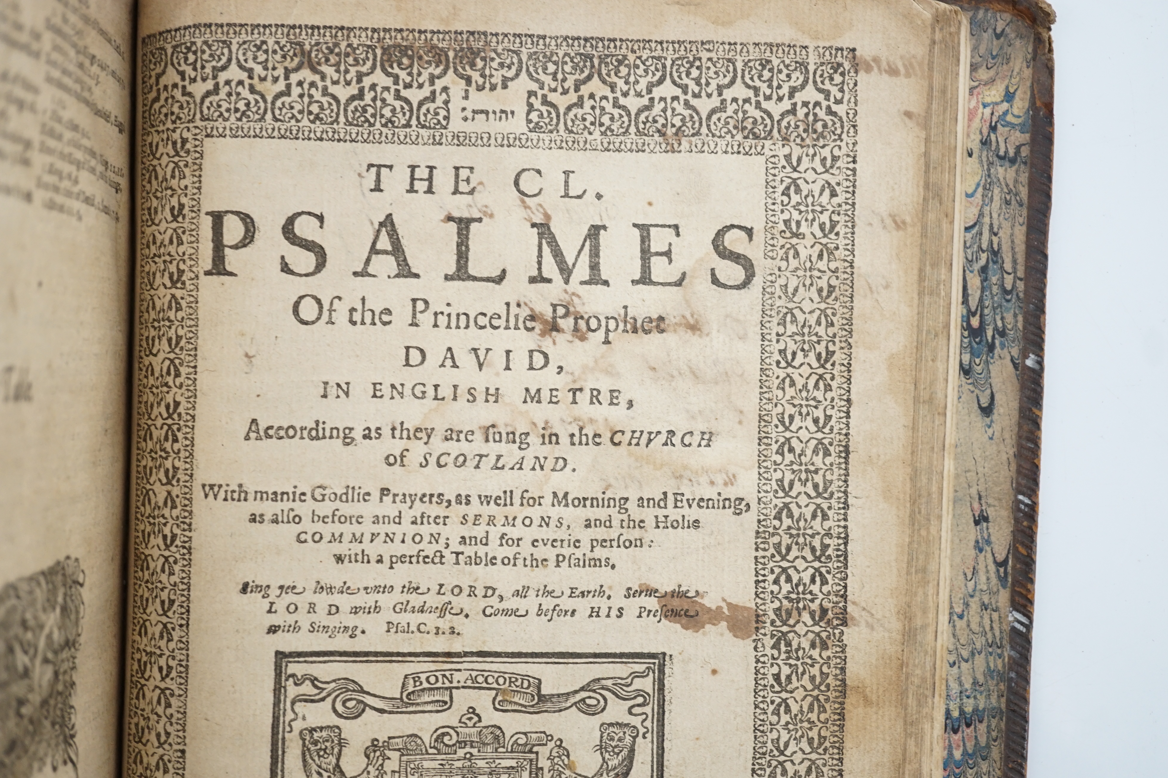 [The rare 'Aberdonian' Scottish Psalms] The CL. Psalmes of the Princelie Prophet David ... According as they are Sung in the Church of Scotland ... title with engraved arms of the City, and all within decorated borders.